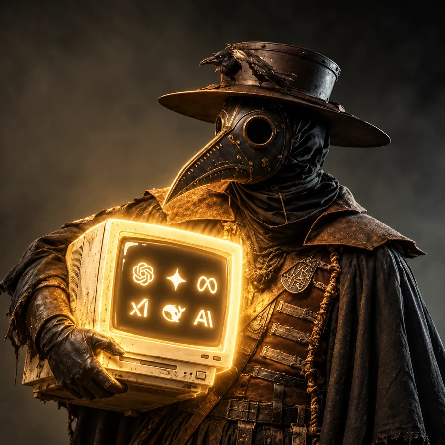 A plague doctor in a riveted hat and beaked mask cradling a glowing beige computer monitor, a raven on his hat