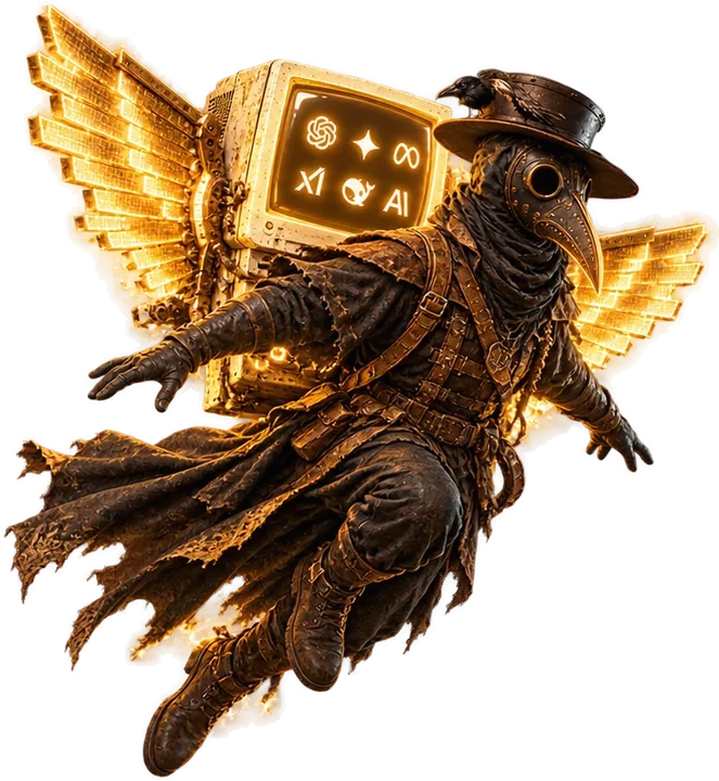 The plague doctor flying with a monitor strapped to his back and glowing golden wings